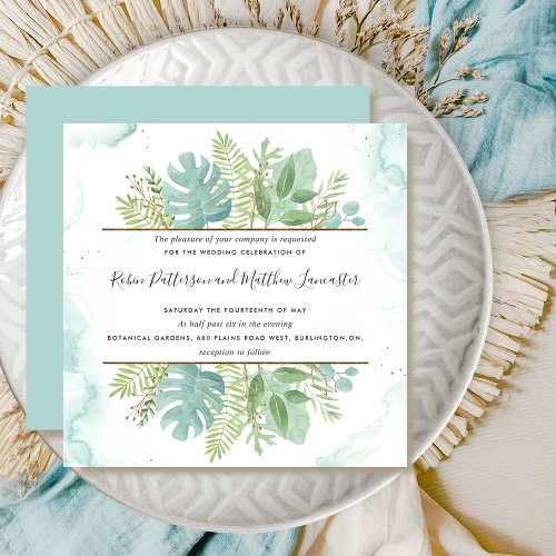 Botanical Greenery Blue Green Watercolor Wedding Invitation