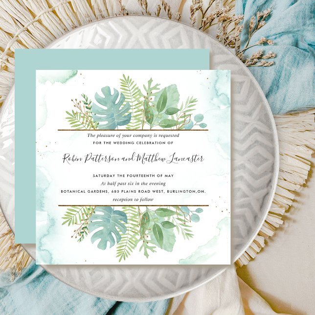 Botanical Greenery, Blue Green Watercolor Wedding Invitation (Creator Uploaded)