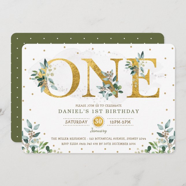 Botanical Greenery Boy 1st Birthday Party Invitation (Front/Back)