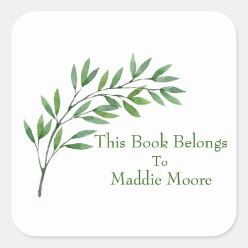 Botanical Greenery Branch Name Inscribed Square Sticker