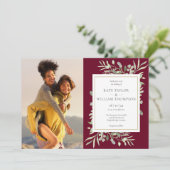 Botanical Greenery Burgundy Gold Photo Wedding Invitation (Standing Front)