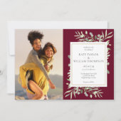 Botanical Greenery Burgundy Gold Photo Wedding Invitation (Front)
