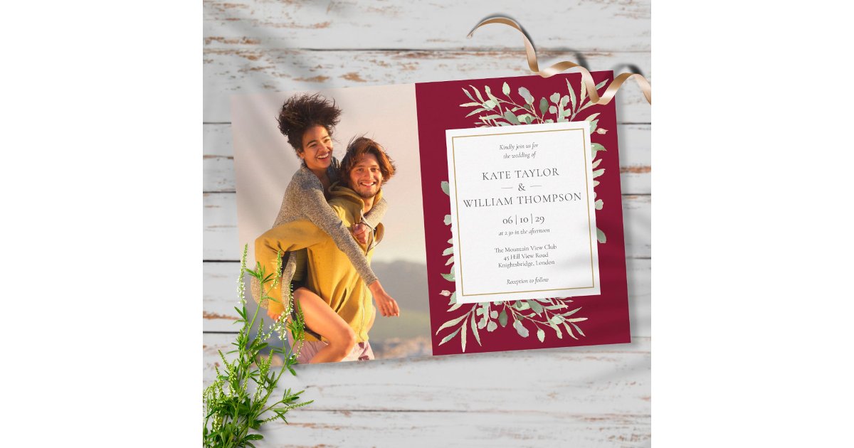 Botanical Greenery Burgundy Gold Photo Wedding Invitation | Zazzle