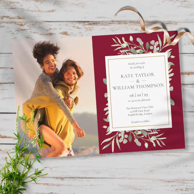 Botanical Greenery Burgundy Gold Photo Wedding Invitation | Zazzle