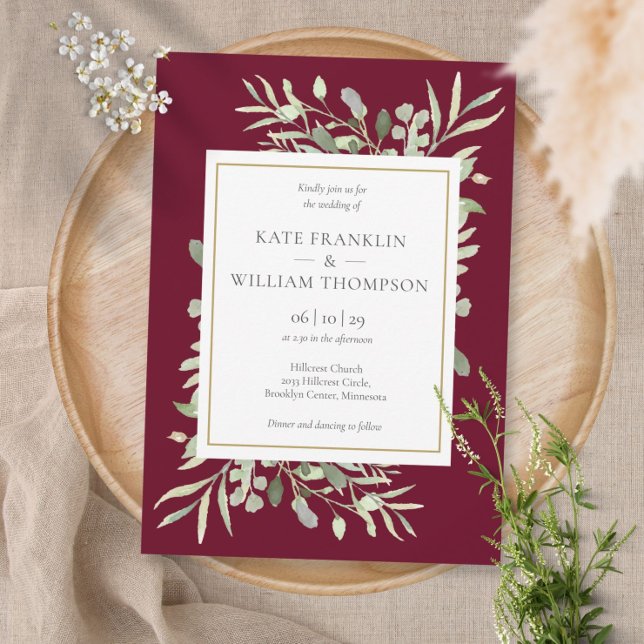 Botanical Greenery Burgundy Wedding All In One Invitation (Creator Uploaded)