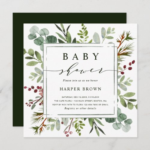 Botanical Greenery Christmas Baby Shower Square Invitation