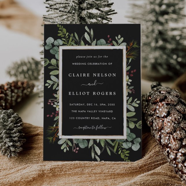 Botanical Greenery Christmas Black Wedding Invitation (Creator Uploaded)