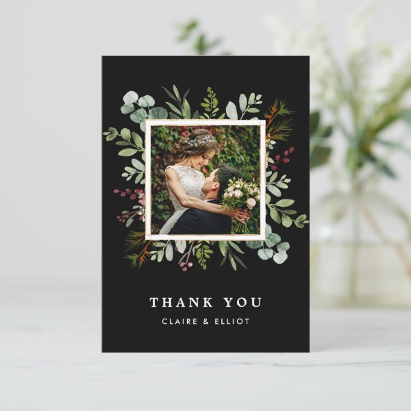 Botanical Greenery Christmas Black Wedding Photo Thank You Card