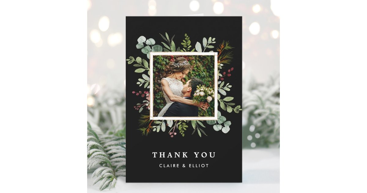 Botanical Greenery Christmas Black Wedding Photo Thank You Card | Zazzle