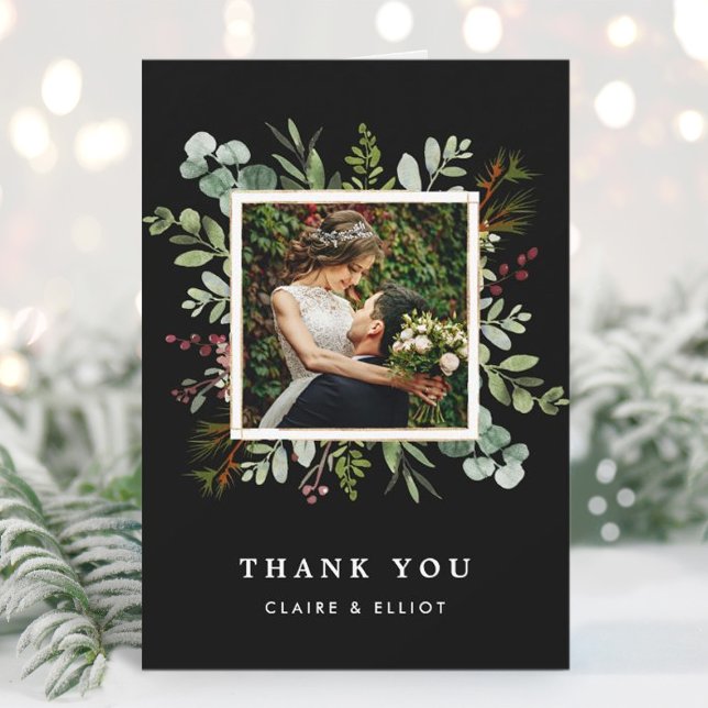 Botanical Greenery Christmas Black Wedding Photo Thank You Card (Creator Uploaded)