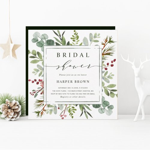Botanical Greenery Christmas Bridal Shower Square Invitation