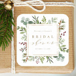 Botanical Greenery Christmas Bridal Shower Square Sticker<br><div class="desc">This bridal shower welcome sticker features painted watercolor eucalyptus greenery,  green leaves,  red berries,  pine branches with a gold square frame. For more advanced customization of this design,  please click the DESIGN TOOL BUTTON above! Matching items are also available.</div>