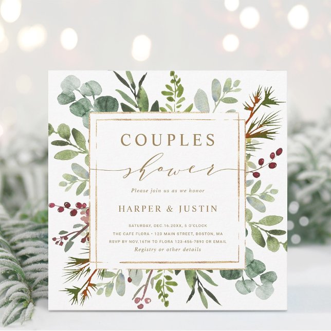 Botanical Greenery Christmas Couples Shower Square Invitation (Creator Uploaded)