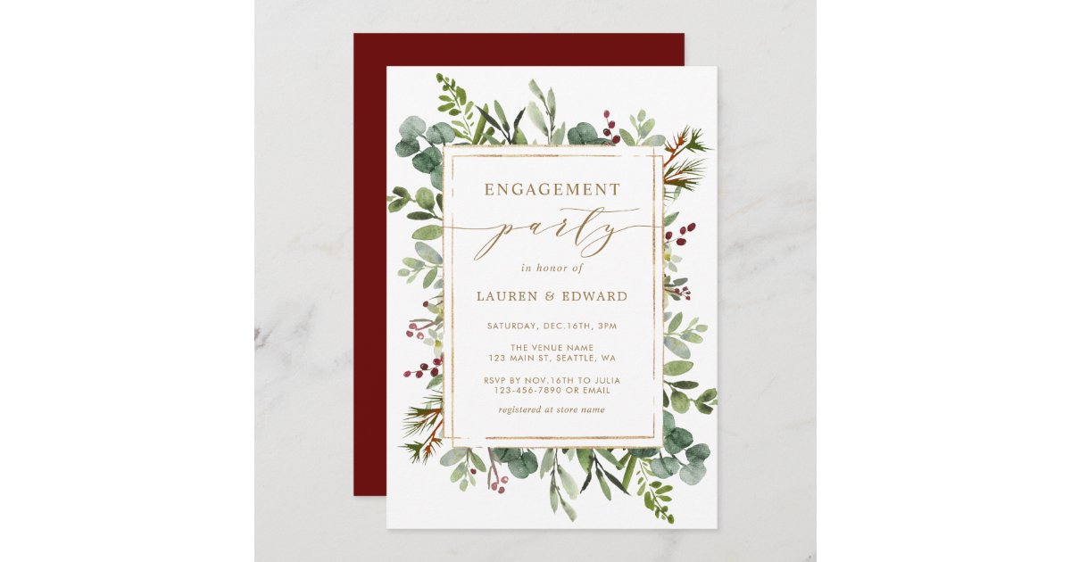 Botanical Greenery Christmas Engagement Party Invitation | Zazzle