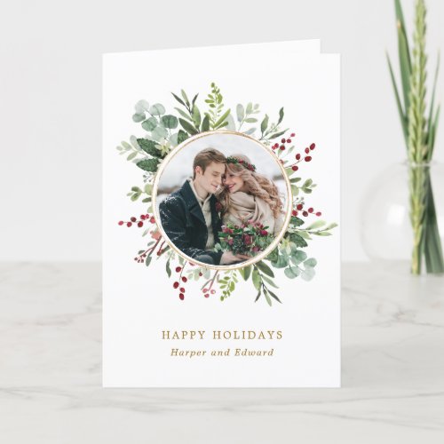 Botanical Greenery Christmas Gold Photo  Holiday Card