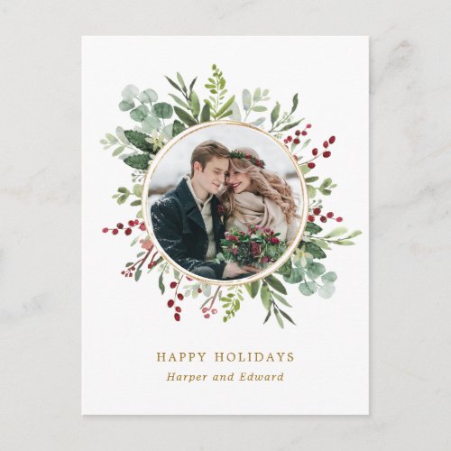 Botanical Greenery Christmas Gold Photo Holiday Postcard