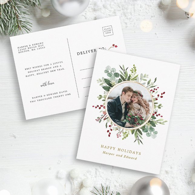 Botanical Greenery Christmas Gold Photo Holiday Postcard (Front & Back)