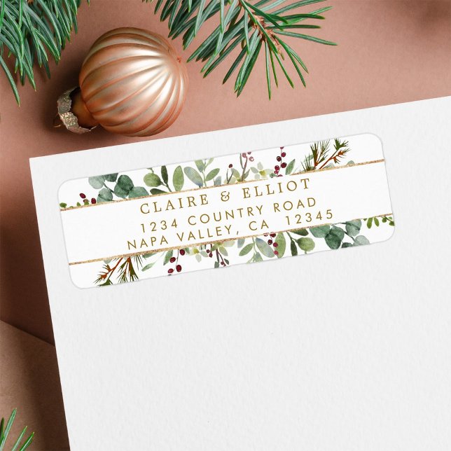 Botanical Greenery Christmas Gold Return Address Label (Creator Uploaded)