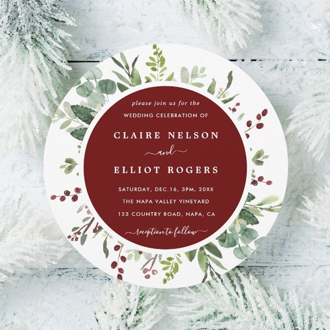 Botanical Greenery Christmas Gold Wedding Circle  Invitation (Creator Uploaded)