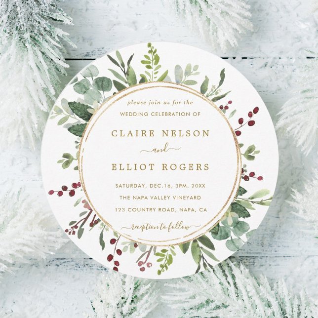 Botanical Greenery Christmas Gold Wedding Circle Invitation (Creator Uploaded)