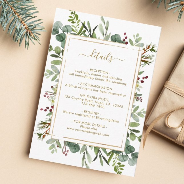 Botanical Greenery Christmas Gold Wedding Details Enclosure Card (Creator Uploaded)