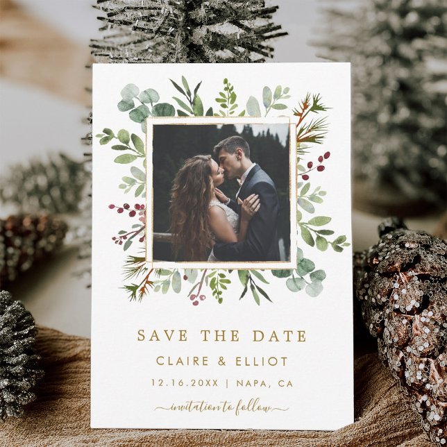 Botanical Greenery Christmas Gold Wedding Photo Save The Date (Creator Uploaded)