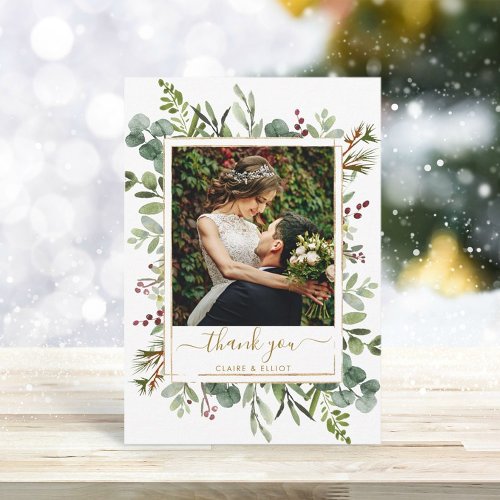 Botanical Greenery Christmas Gold Wedding Photo Thank You Card