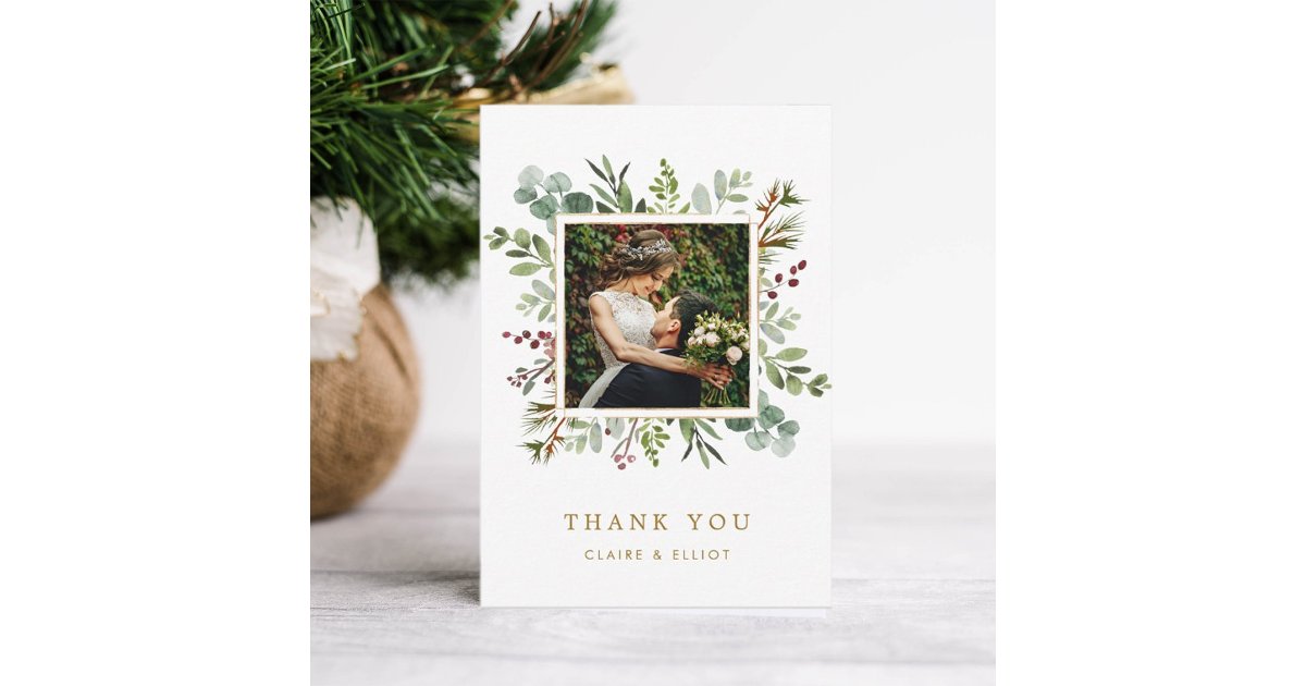 Botanical Greenery Christmas Gold Wedding Photo Thank You Card | Zazzle
