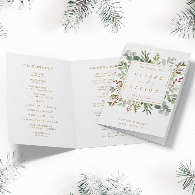 Botanical Greenery Christmas Gold Wedding Program (Front & Inside)