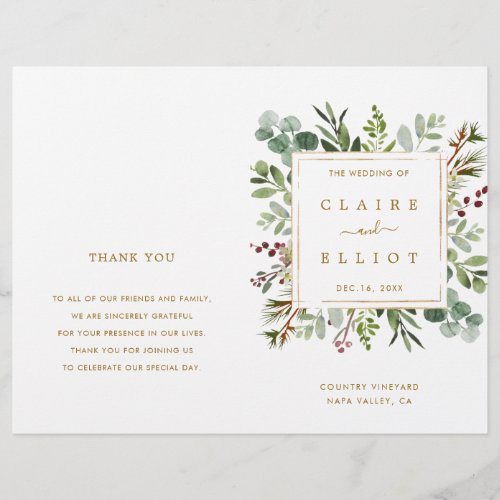 Botanical Greenery Christmas Gold Wedding Program