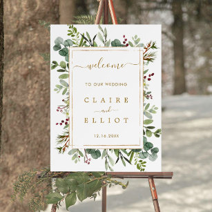 Botanical Greenery Christmas Gold Wedding Welcome Poster