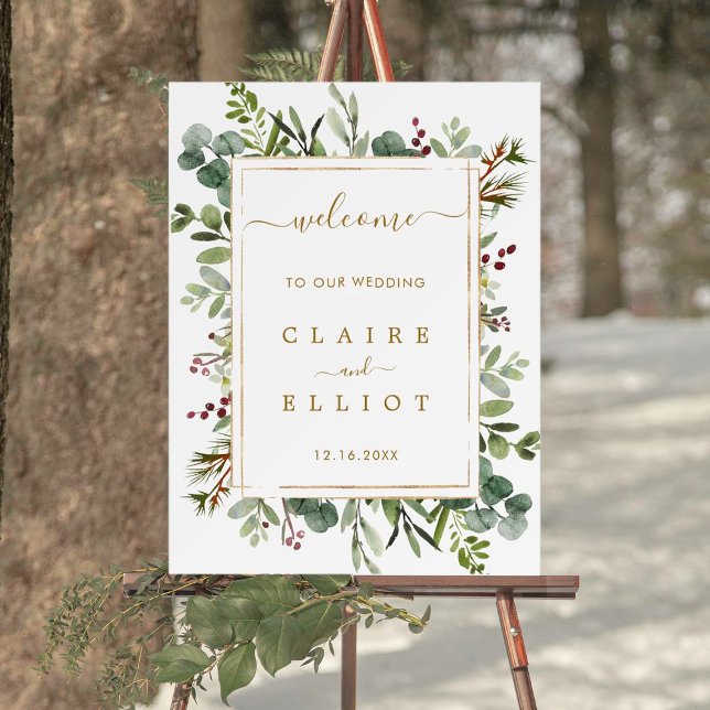 Botanical Greenery Christmas Gold Wedding Welcome Poster (Creator Uploaded)