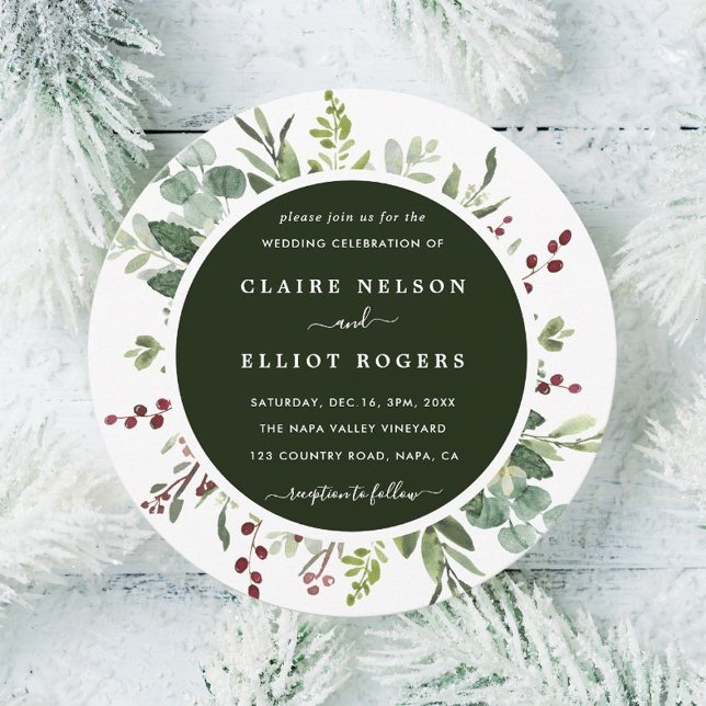 Botanical Greenery Christmas Green Wedding Circle Invitation (Creator Uploaded)