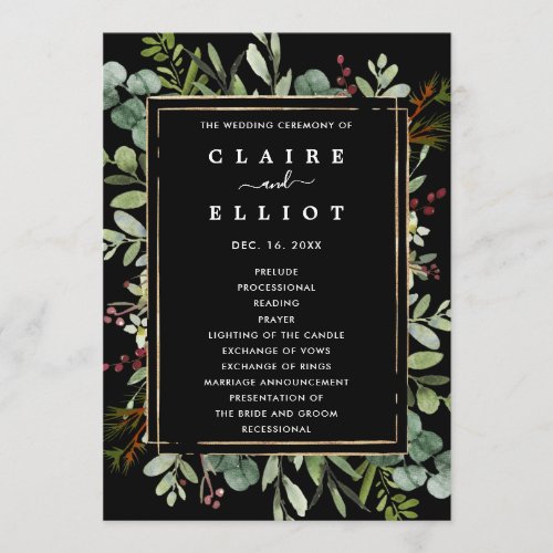 Botanical Greenery Christmas Holiday Black Wedding Program