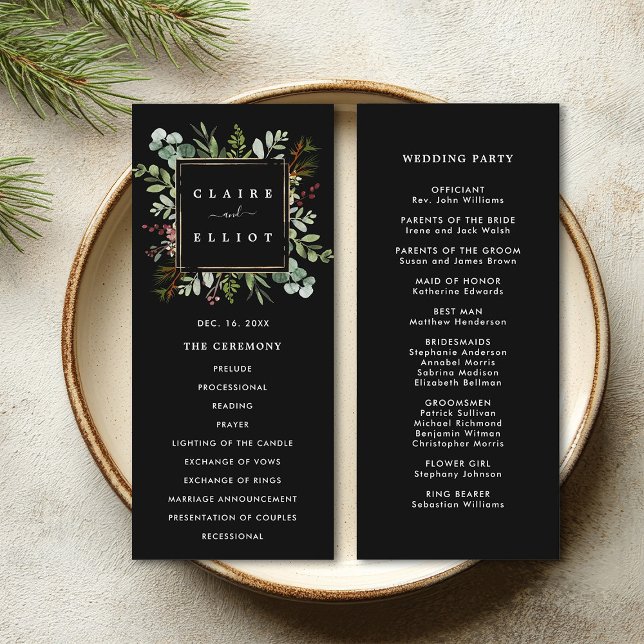 Botanical Greenery Christmas Holiday Black Wedding Program (Front & Back)