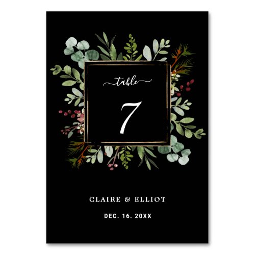 Botanical Greenery Christmas Holiday Black Wedding Table Number