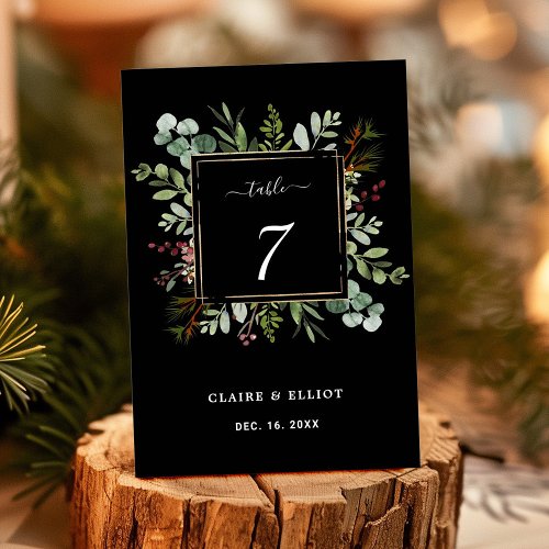 Botanical Greenery Christmas Holiday Black Wedding Table Number