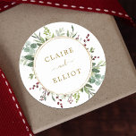 Botanical Greenery Christmas Holiday Gold Classic Round Sticker<br><div class="desc">This sticker features painted watercolor eucalyptus,  green leaves,  red berries,  and a faux gold circle frame. For more advanced customization of this design,  please click the "Customize further" link.  Matching items are also available.</div>