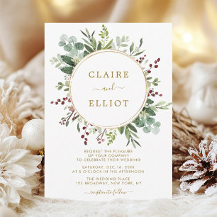 Botanical Greenery Christmas Holiday Gold Wedding Invitation
