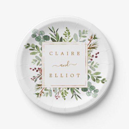 Botanical Greenery Christmas Holiday Gold Wedding Paper Plates