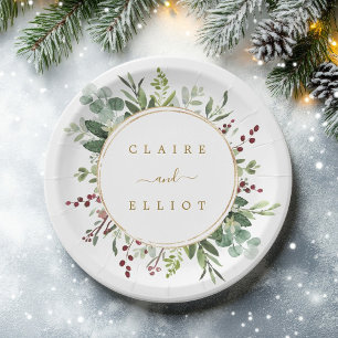 Botanical Greenery Christmas Holiday Gold Wedding Paper Plates