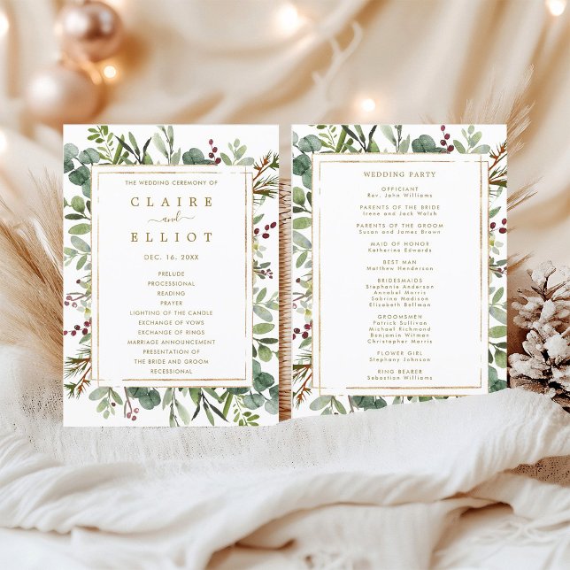 Botanical Greenery Christmas Holiday Gold Wedding  Program (Front & Back)