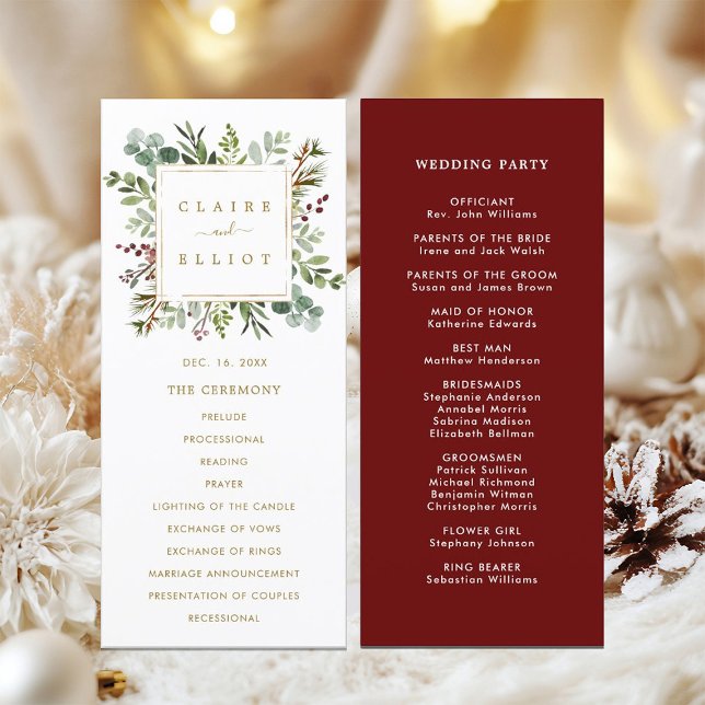 Botanical Greenery Christmas Holiday Gold Wedding Program (Front & Back)