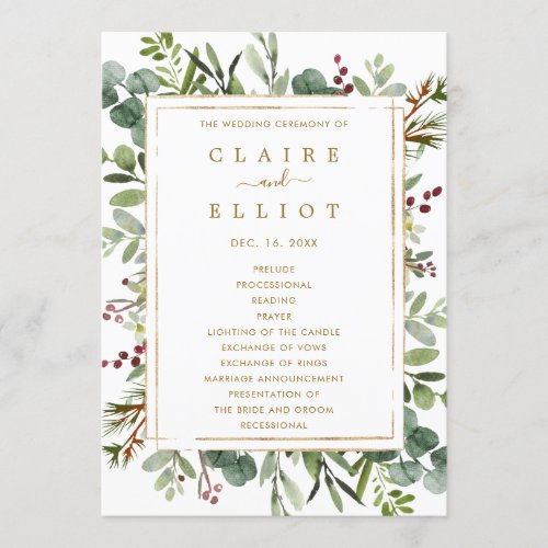 Botanical Greenery Christmas Holiday Gold Wedding  Program