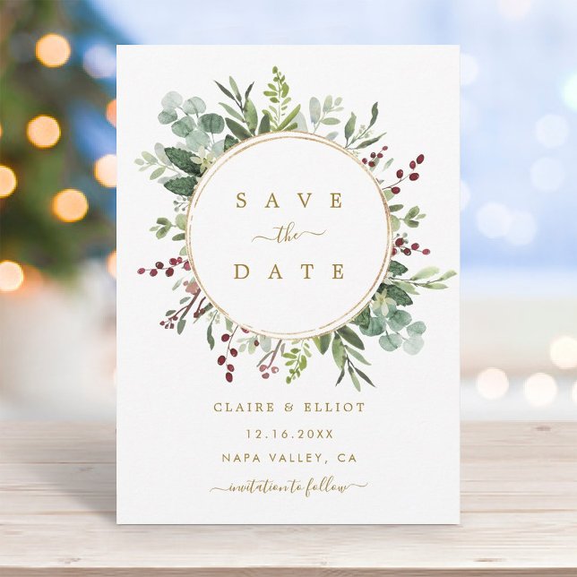 Botanical Greenery Christmas Holiday Gold Wedding  Save The Date (Creator Uploaded)