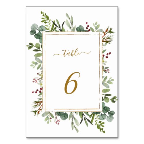 Botanical Greenery Christmas Holiday Gold Wedding Table Number