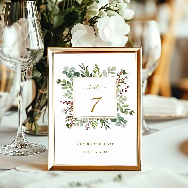 Botanical Greenery Christmas Holiday Gold Wedding  Table Number (Creator Uploaded)