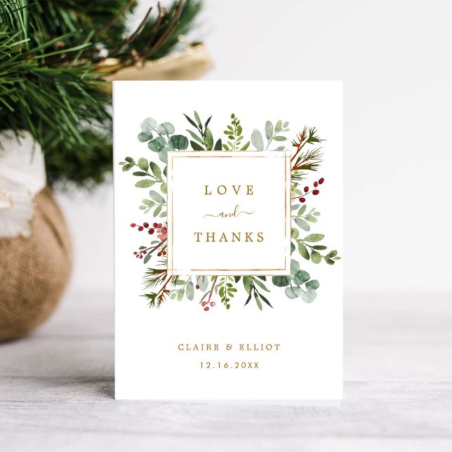 Botanical Greenery Christmas Holiday Gold Wedding Thank You Card (Creator Uploaded)