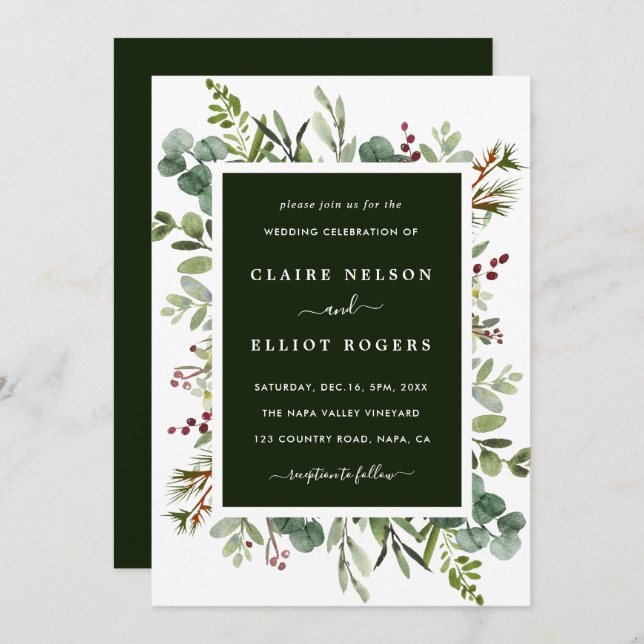 Botanical Greenery Christmas Holiday Green Wedding Invitation (Front/Back)