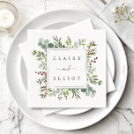 Botanical Greenery Christmas Holiday Green Wedding Napkins<br><div class="desc">This wedding paper napkin features painted watercolor eucalyptus,  green leaves,  red berries,  pine branches with a green square frame. For more advanced customization of this design,  please click the "Customize further" link. Matching items are also available.</div>